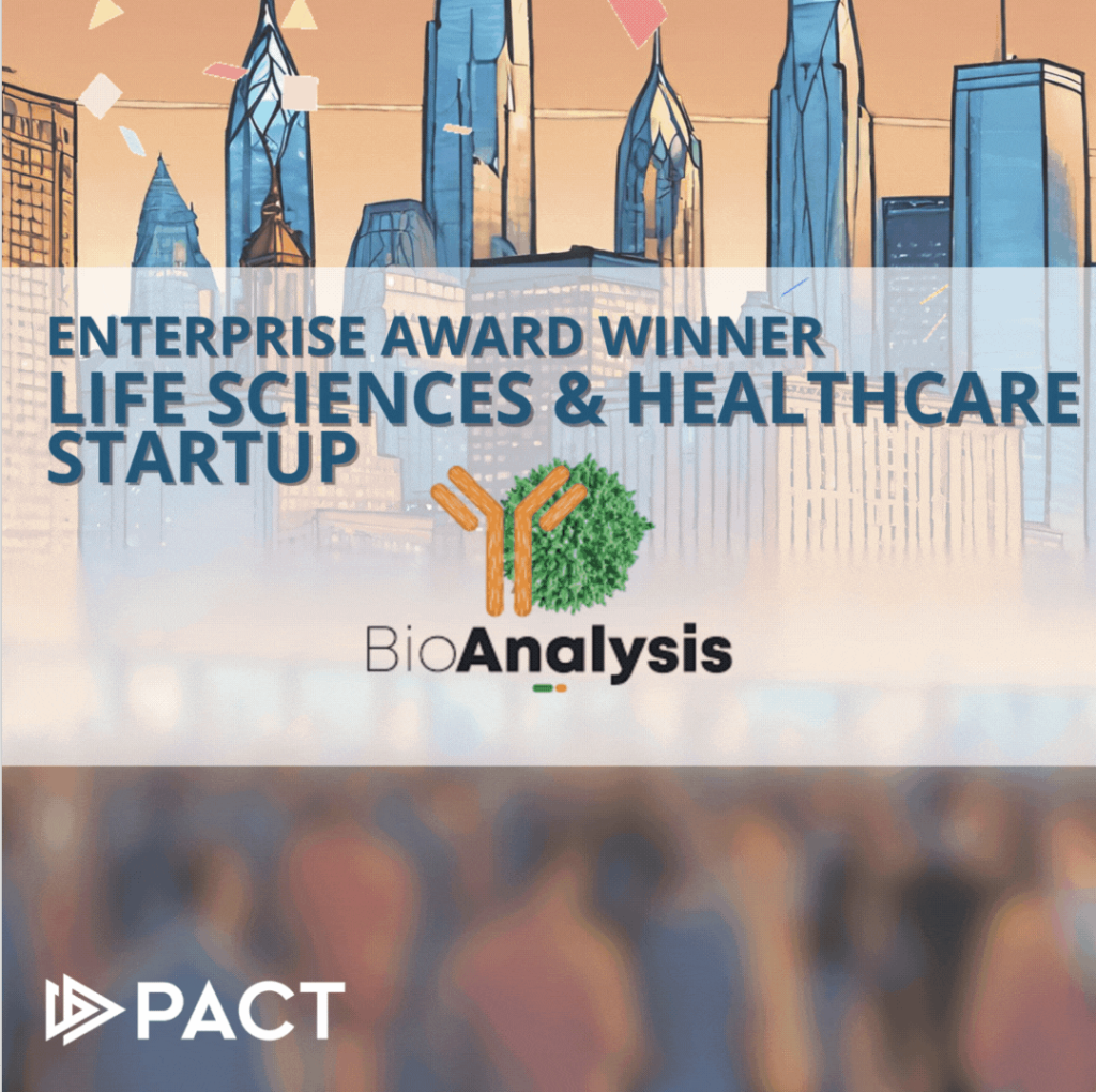 Enterprise Award Winner graphic for BioAnalysis, highlighting achievements in life sciences and healthcare startup sector, featuring city skyline background and PACT logo.